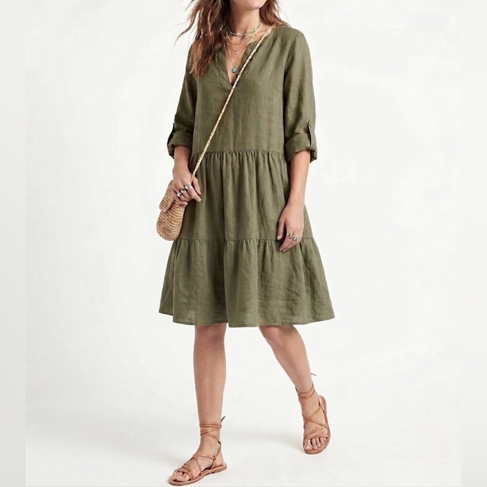 Linen Boho Babydoll Summer Dress BELLAMBRA Made in Italy Olive Green Tiered L